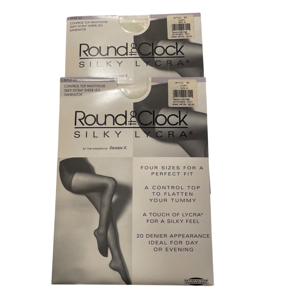 Bundle of 2 Round the Clock Vintage Silky Lycra Pantyhose Ivory Sz A
